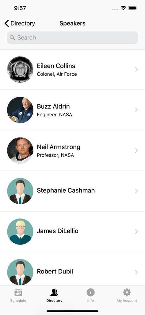 Sched mobile app screen showing a directory list of event speakers with profile photos and job titles