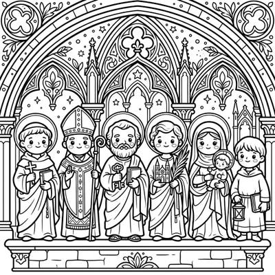 Bring a touch of adorable charm to classic religious art with this unique Kawaii Cathedral Statues coloring page. These delightful figures stand ready for your creative colors within an intricately detailed Gothic archway.