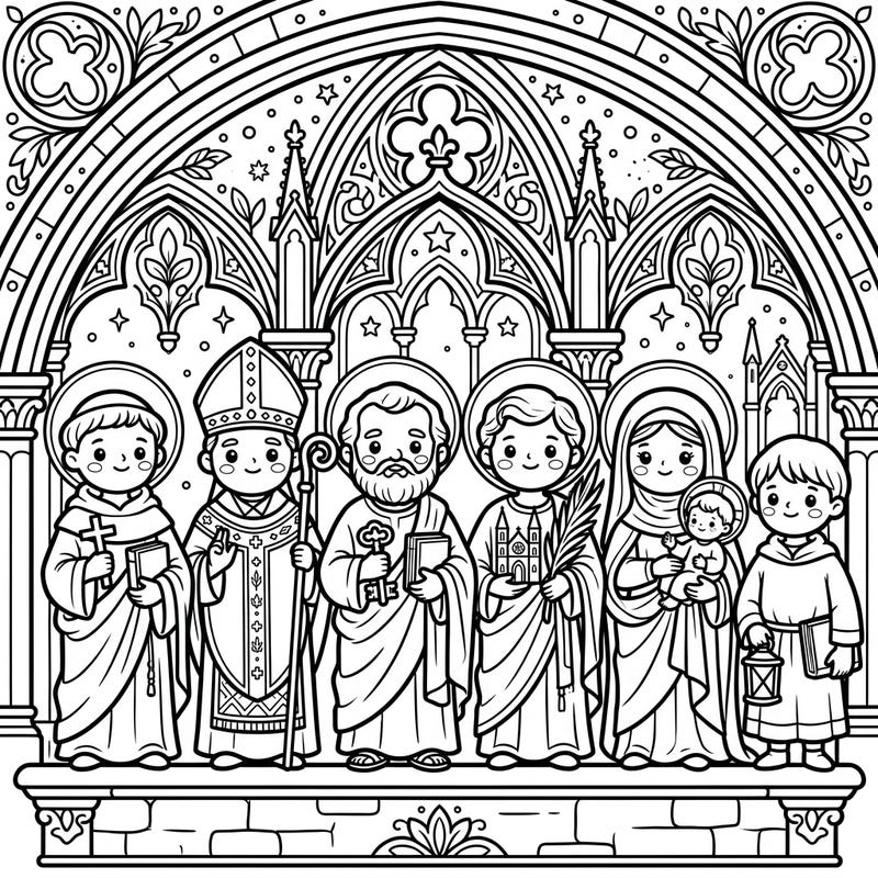 Bring a touch of adorable charm to classic religious art with this unique Kawaii Cathedral Statues coloring page. These delightful figures stand ready for your creative colors within an intricately detailed Gothic archway.