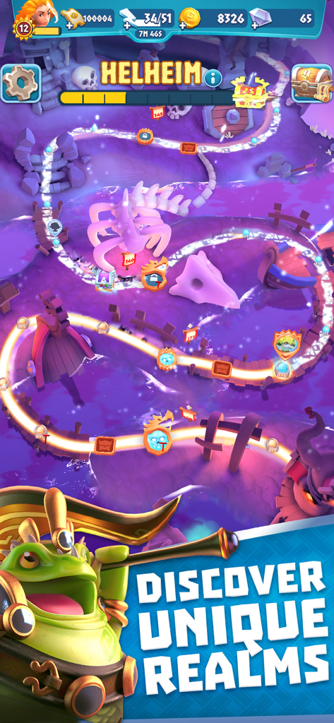 Carte du royaume de Helheim dans Legend of Solgard, montrant un chemin de progression de niveau avec des coffres au trésor et des points de repère uniques