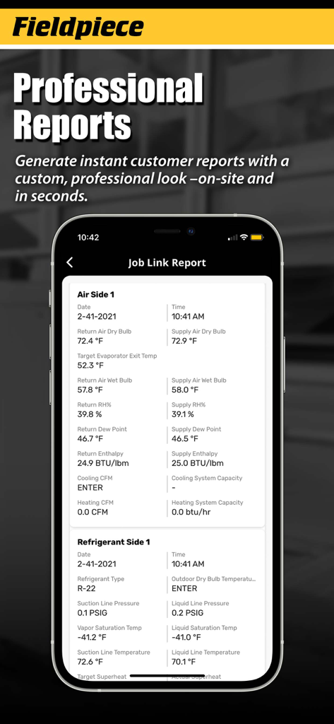 A mobile phone screen displaying a professional HVAC diagnostic report from the Fieldpiece Job Link app.