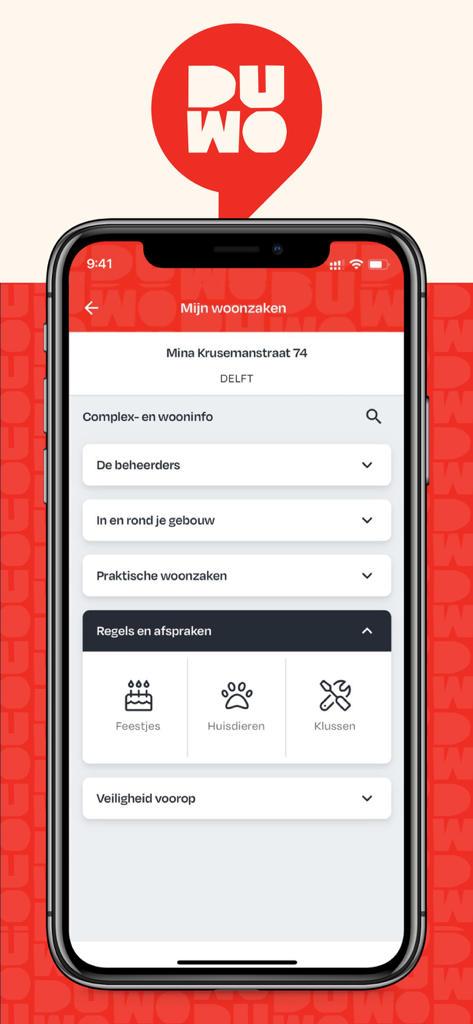 DUWO APP - The DUWO app interface displaying housing rules and building information for student residents