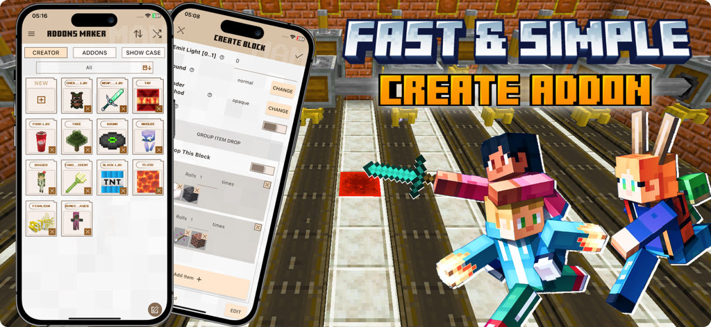 Interfaccia di Addons Maker per Minecraft che mostra la creazione di oggetti e le impostazioni dei blocchi per MCPE