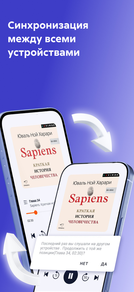 Litres: Audio - Two smartphones displaying the Litres Audio app with a sync arrow showing the Sapiens audiobook playback position shared between devices