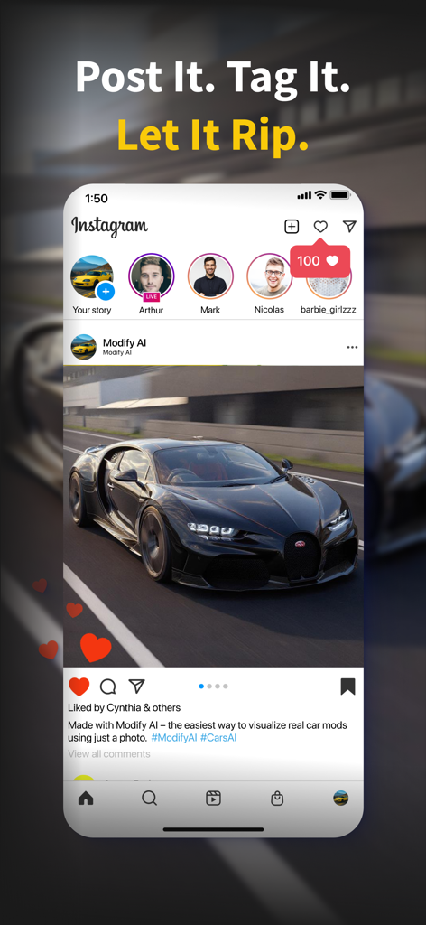 Mockup eines Instagram-Feeds, das ein professionelles KI-generiertes Autofoto zeigt, das aus der Modify AI App geteilt wurde.