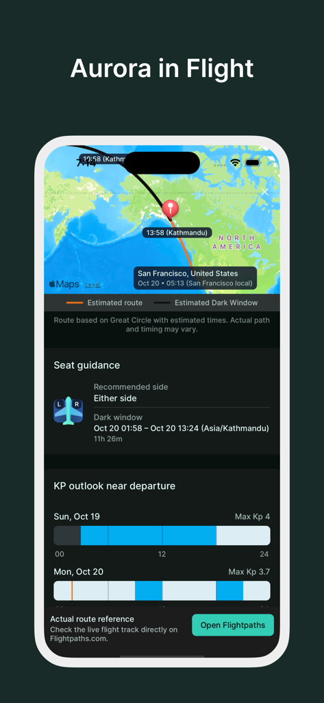 Aurora Eos: Forecast & Alert - Aplicación Aurora Eos que muestra el rastreador de vuelos de auroras con mapa de ruta y guía de asientos para la observación de auroras boreales