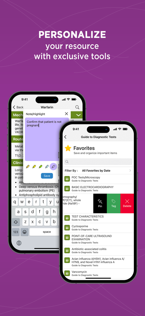 Capturas de pantalla de la aplicación Guía de Pruebas de Diagnóstico que muestran herramientas de toma de notas personales y gestión de favoritos para profesionales médicos