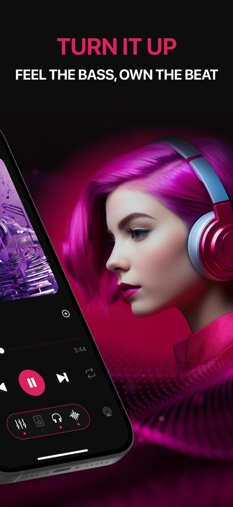 Interfaz de la aplicación ecualizador de música EQU con una mujer usando auriculares y texto de amplificador de graves