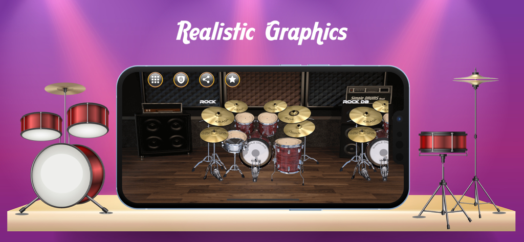 Real Drum Beat Master - Écran de smartphone affichant une interface de kit de batterie 3D réaliste pour l'application Real Drum Beat Master.