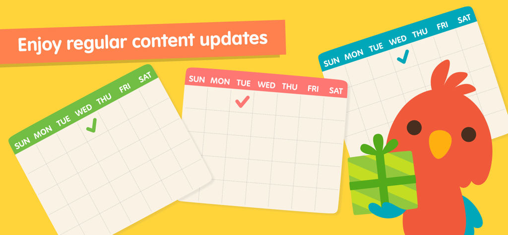 A cartoon bird holding a gift next to calendars showing regular content updates for the Sago Mini First Words app