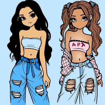 2 girls in crop tops and baggy jeans ripped