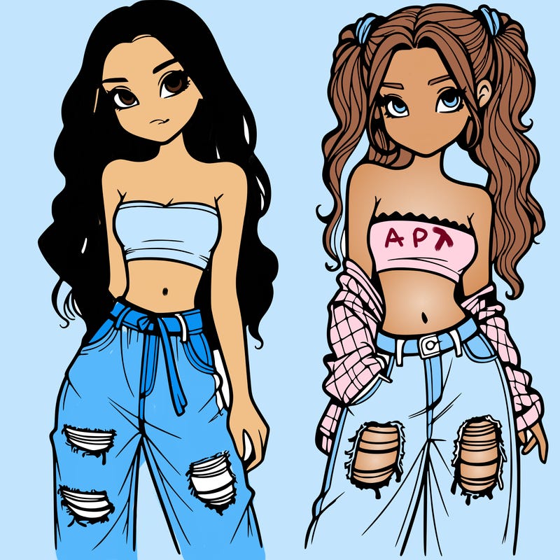2 girls in crop tops and baggy jeans ripped