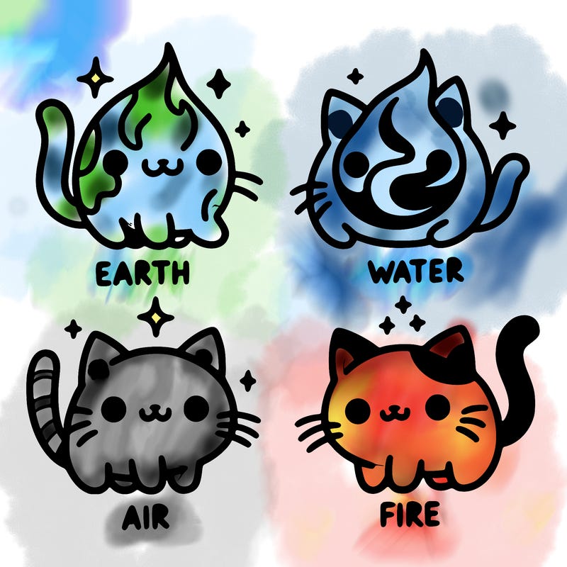 4 cats that represent the different elements, earth, water, air, and fire
