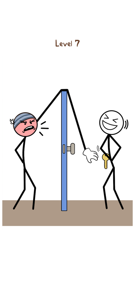 A stickman thief stretches his long arm over a door to steal a key from a laughing man in Thief Puzzle
