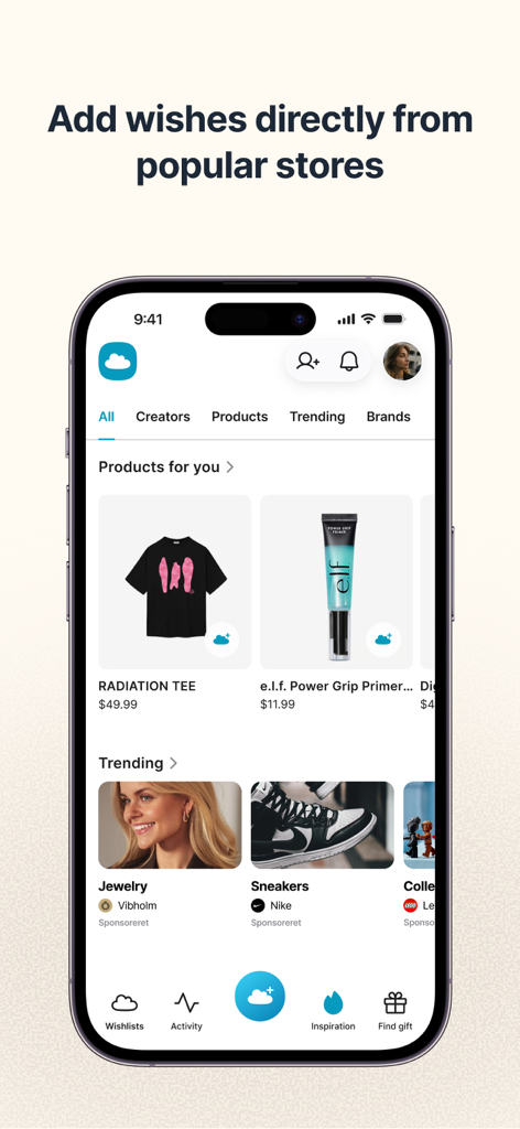 GoWish - Your Digital Wishlist - Écran de l'application mobile GoWish montrant la découverte de produits et les catégories de cadeaux tendance comme les baskets et les bijoux.