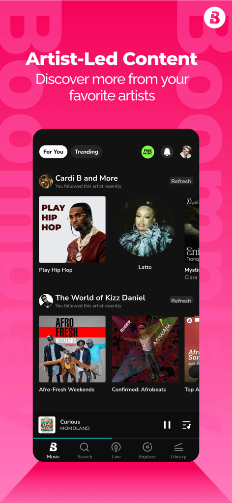 Boomplay music app interface showing artist led content and personalized playlists