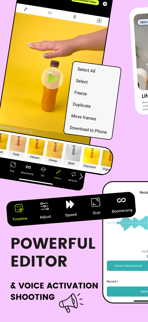 Interface of the Life Lapse app showing powerful video editing tools filters and voice activation shooting options