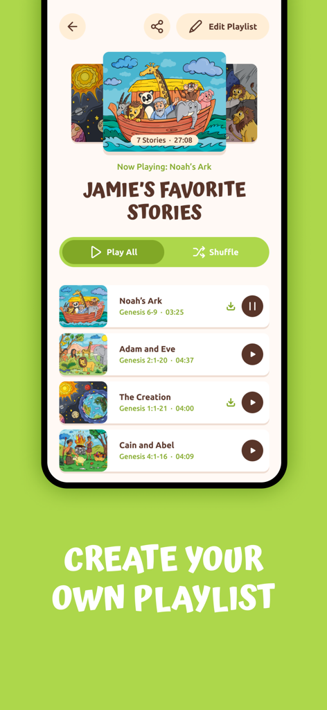Bible Stories For Kids! - Interface for creating and managing a personalized playlist of Bible stories for children.