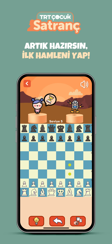 TRT Çocuk Satranç-Hamle Ustası - TRT Cocuk Satranc mobile app interface showing a chess match with a girl and a robot character.