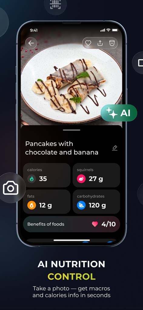 OU7 Training: Workout + AI - AI nutrition feature in OU7 Training app showing calorie and macro analysis from a food photo