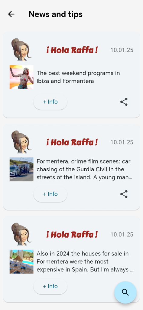 Hola Raffa Formentera - News and tips feed from the Hola Raffa Formentera travel app showing local news and weekend programs