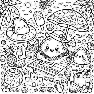 Get ready for a super cute summer escape with our Kawaii Omelettes coloring page! These adorable little breakfast friends are enjoying a sunny beach day filled with fun accessories and tropical vibes.