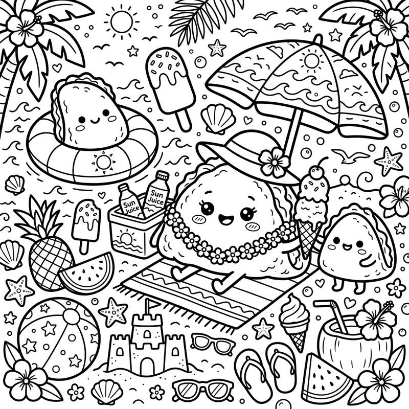 Get ready for a super cute summer escape with our Kawaii Omelettes coloring page! These adorable little breakfast friends are enjoying a sunny beach day filled with fun accessories and tropical vibes.