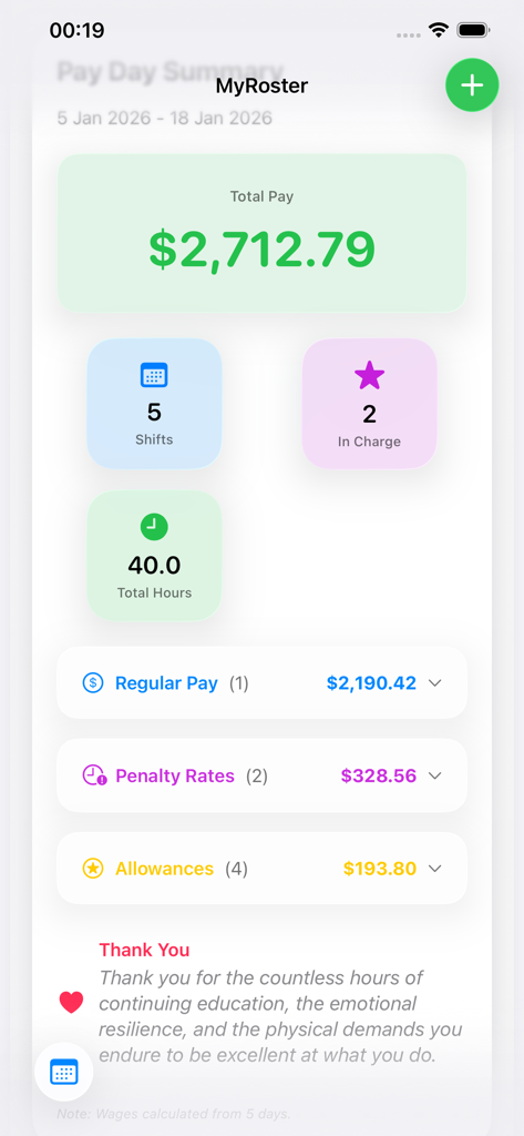 MyRoster - MyRoster app dashboard showing a pay day summary with total wages, shift count, and penalty rate breakdown