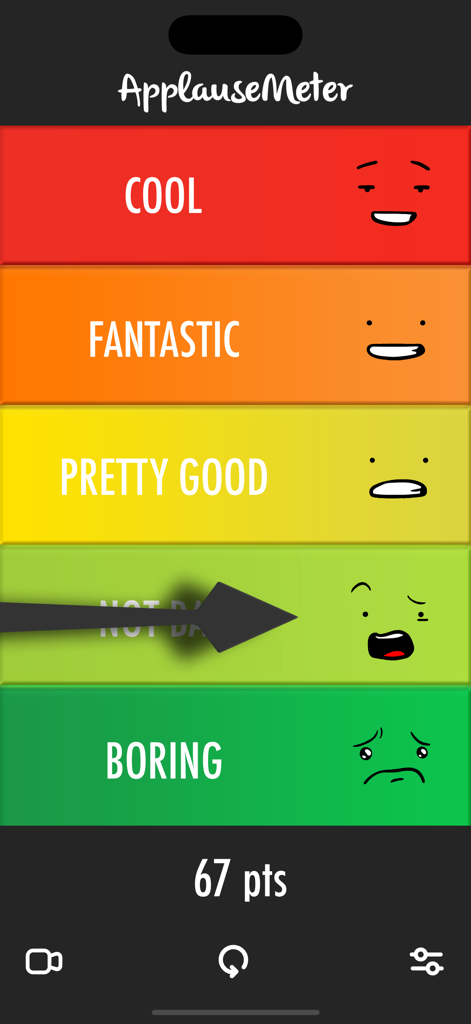 Applausemeter (clap-o-meter) - ApplauseMeter app interface with colorful noise levels and animated emoji faces