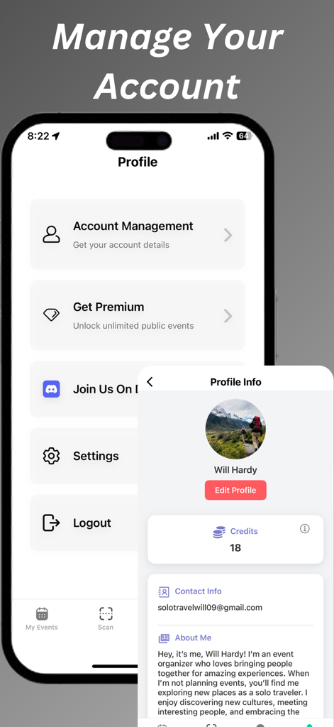 Poster-AI Mobile App-Oberfläche mit Benutzerprofildaten und Einstellungen für die Kontoverwaltung.