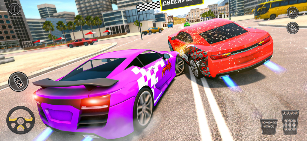 Extreme Car Racing: Stunt Game - Dois carros esportivos correndo e derrapando por uma rua da cidade