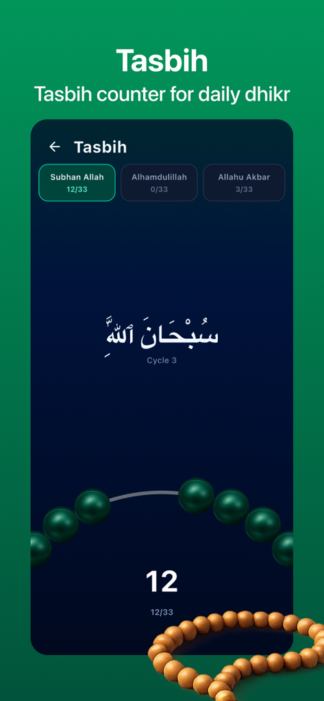 Muslim Bro: Prayer & Quran - Digital Tasbih counter interface in the Muslim Bro app for tracking daily dhikr with prayer beads