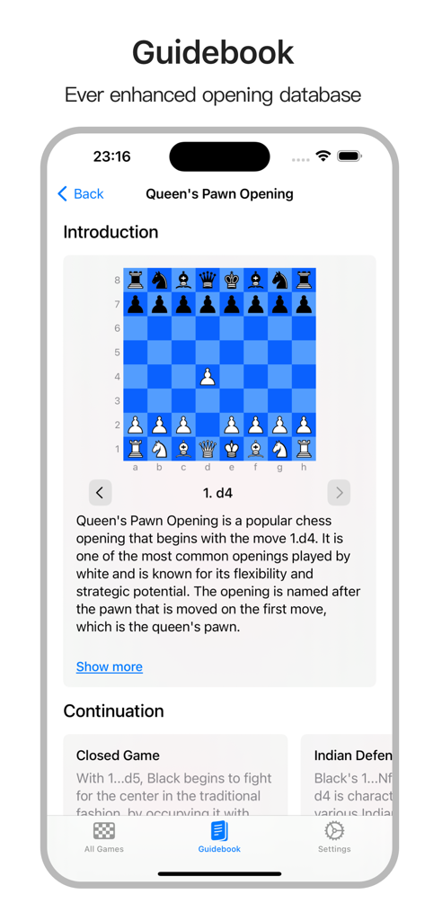 ChessBot app guidebook section explaining the Queens Pawn Opening with an interactive board