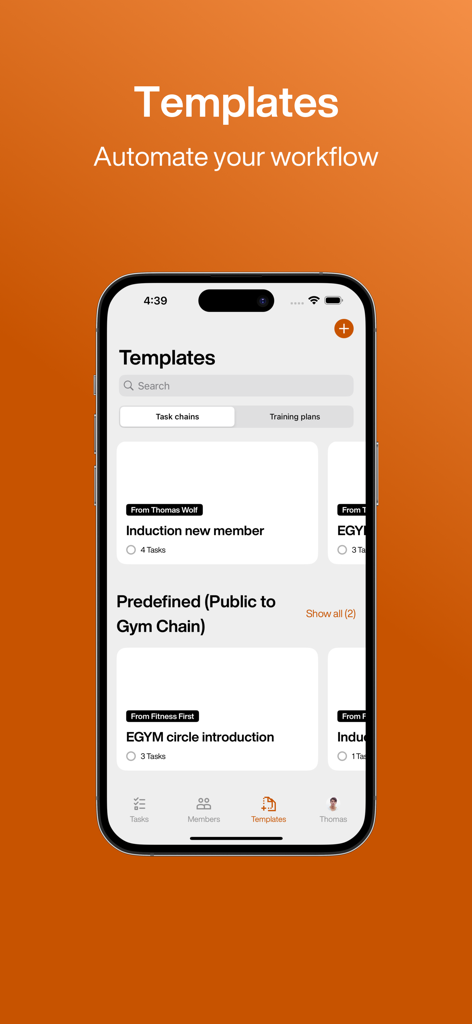 Interface of the EGYM Trainer app displaying task chain templates to automate gym workflows and member inductions.