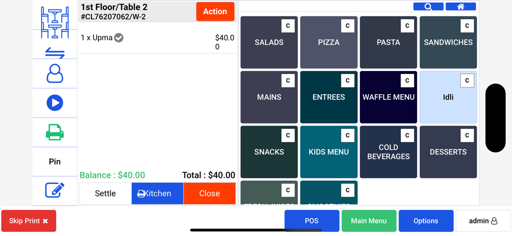 Foodship POS - Foodship POS interface showing restaurant menu categories and an active table order on an iPad
