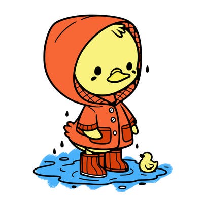 baby duck in a rain coat and boots, in a puddle while it’s raining