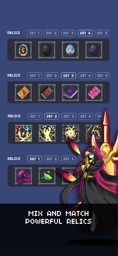 Interface of Heros Quest showing sets of powerful relics for character optimization