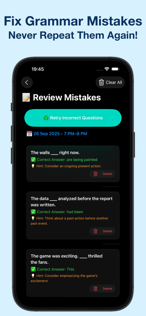 Learn English - Grammar, Vocab - Learn Englishアプリからのモバイルインターフェース。文法修正とヒントを含む「間違いの復習」機能が表示されています。