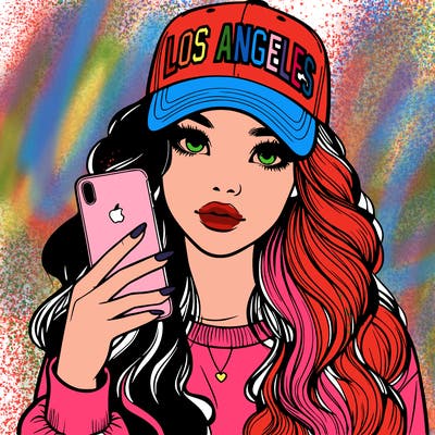 realistic beautiful girl wearing los ángeles cap holding an iphone