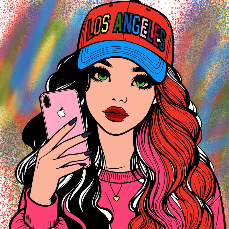 realistic beautiful girl wearing los ángeles cap holding an iphone