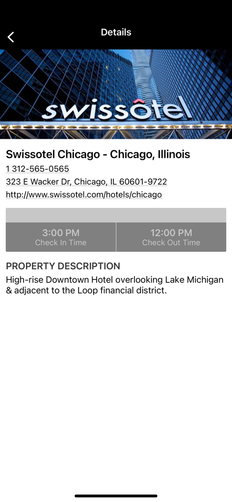 Avenue Two Travel - Hotel details page in the Avenue Two Travel app for a luxury stay in Chicago