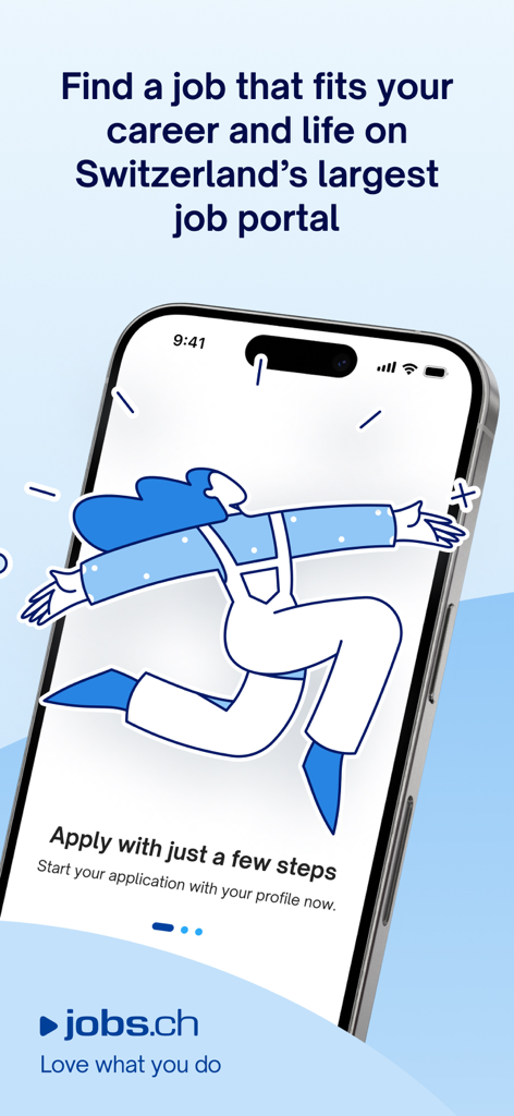 jobs.ch – Job Search - 스위스 구직 시장 검색 및 지원을 위한 Jobs.ch 모바일 앱 인터페이스