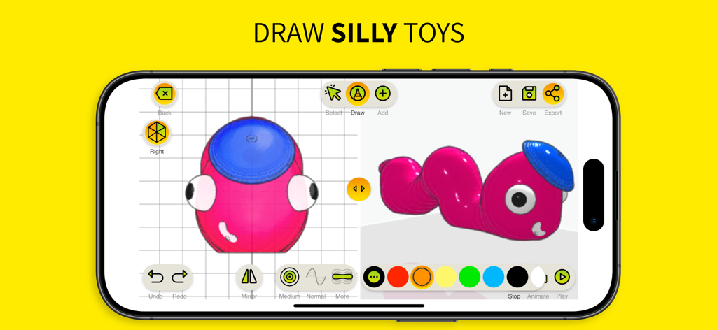 ToyCAD: Easiest 3D Drawing App - 3D 핑크 애벌레 장난감 디자인이 있는 ToyCAD 앱 인터페이스를 보여주는 스마트폰 화면