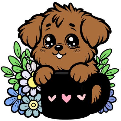 a really cute puppy holding a thank you for support mug with flowers everywhere