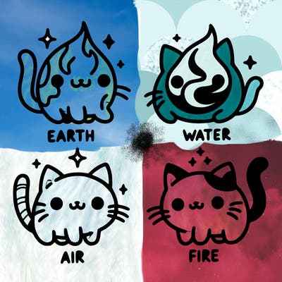4 cats that represent the different elements, earth, water, air, and fire