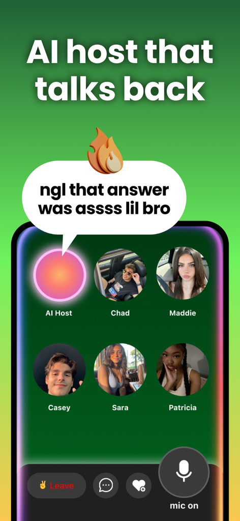 Wasabi - Viral Party Games - Interface of Wasabi party game app featuring an AI host interacting with players in a group chat setting.