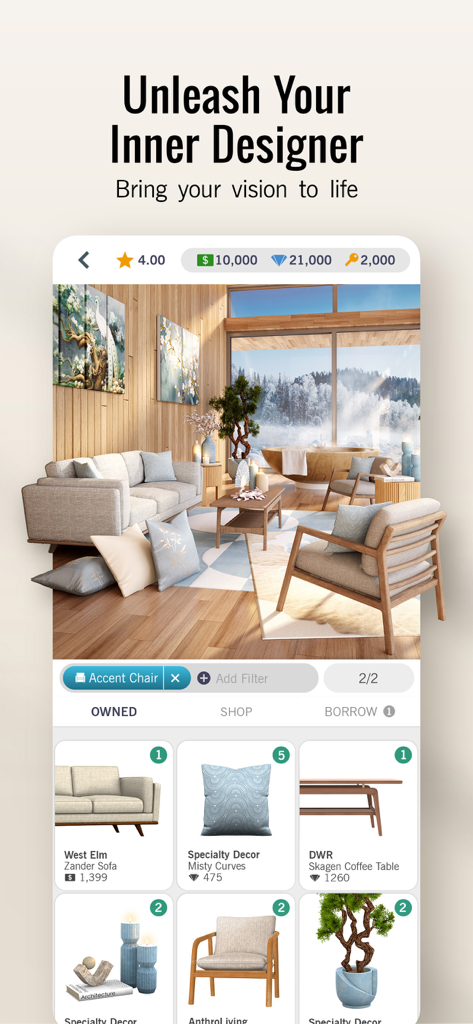 Design Home™: House Makeover - A screenshot of Design Home showing a 3D living room design with modern furniture and decor