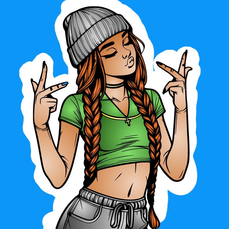 realistic teenage girl with braids and a beanie and crop top doing 🫶🏼