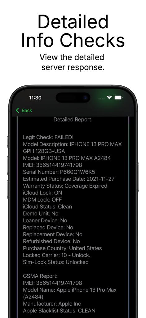 Pantalla de informe detallado que muestra información del IMEI del iPhone y el estado del bloqueo de iCloud.