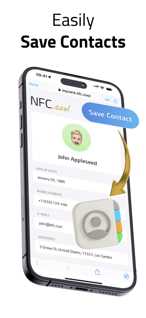 연락처 정보 저장 버튼이 있는 iPhone의 디지털 명함